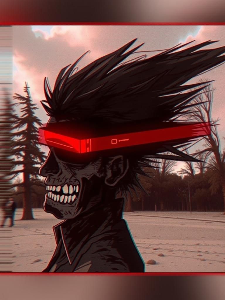 Manga Zombie in VR Glasses with Glitch Effect