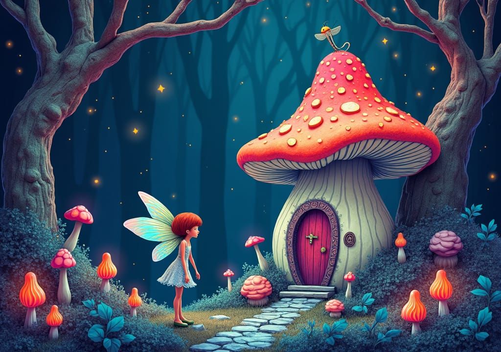 Enchanted Fairy Mushroom House in Bioluminescent Forest