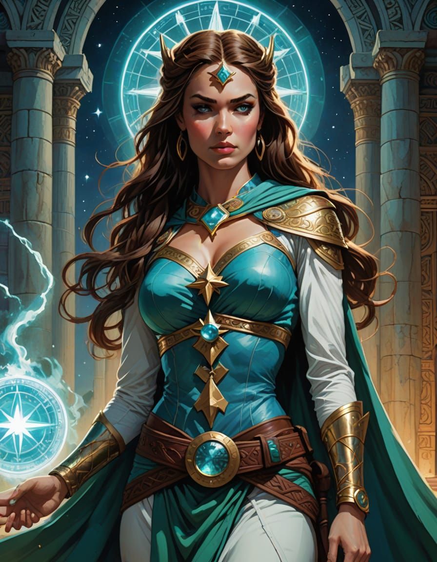 Sultry Priestess in Star Temple, Comic Book Art Style