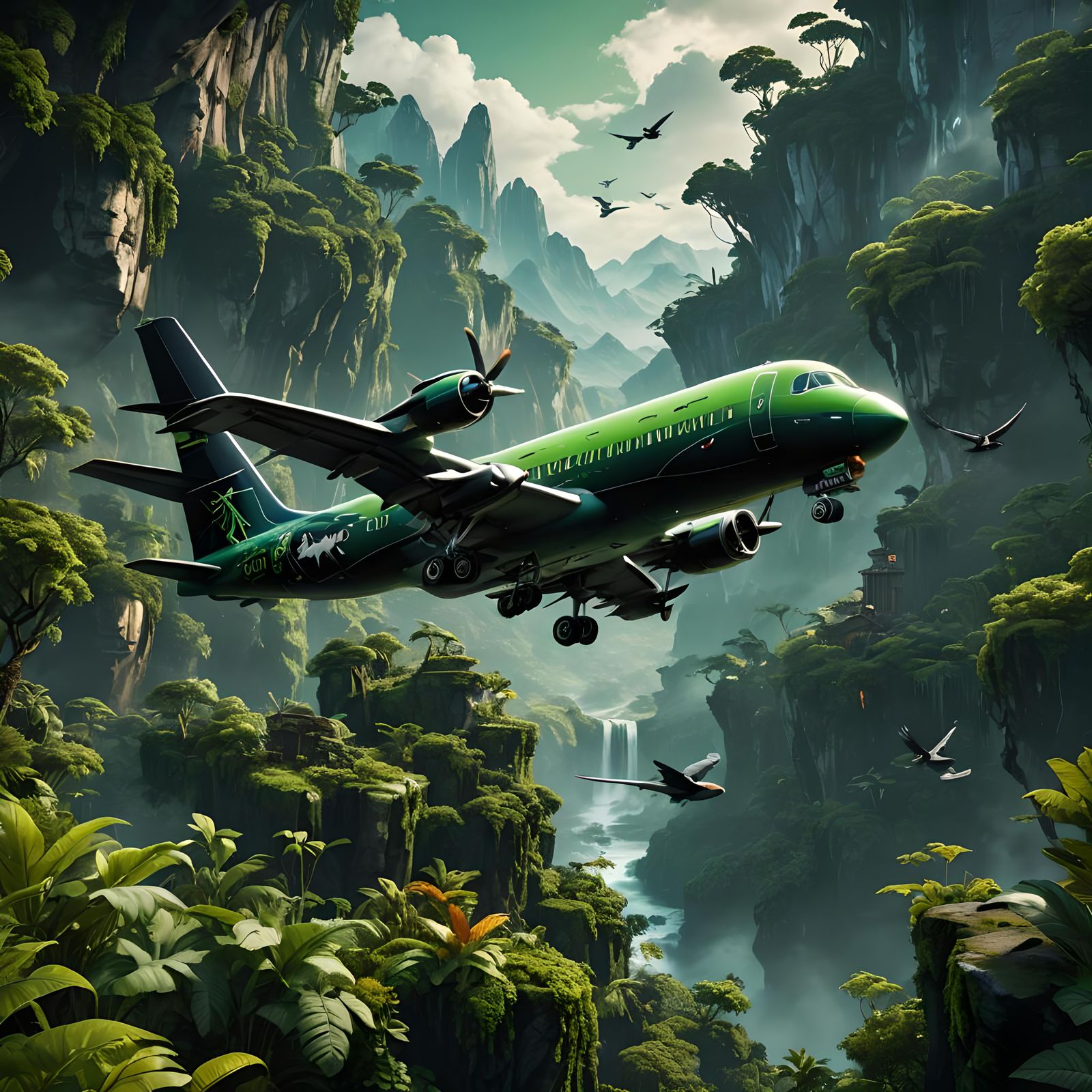 Green and Black Plane with Doctor Bird, Fantasy Art
