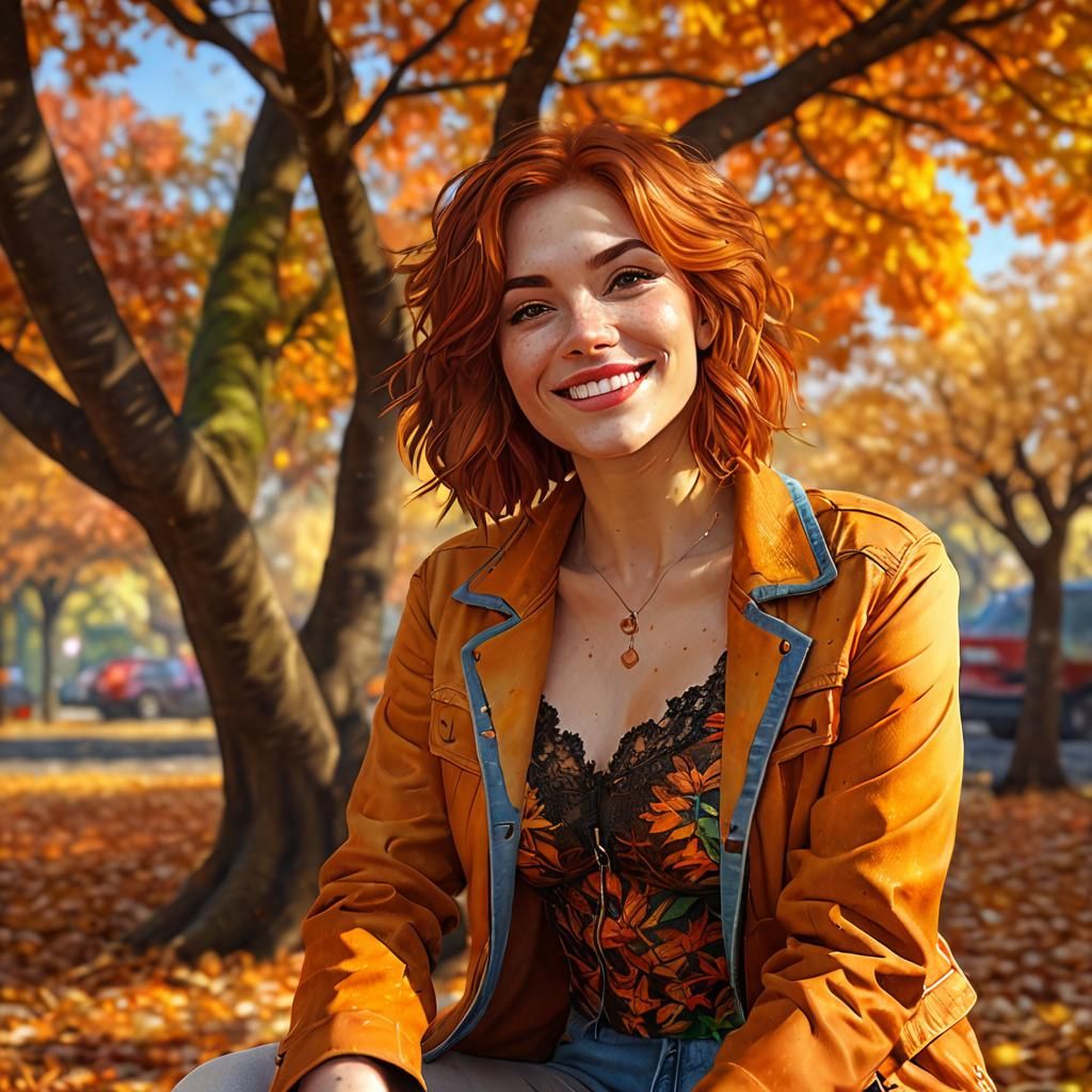 Smiling Woman Surrounded by Autumn Leaves