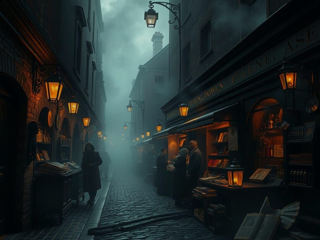 Mysterious London Alleyway Market Unfolds in Shadows