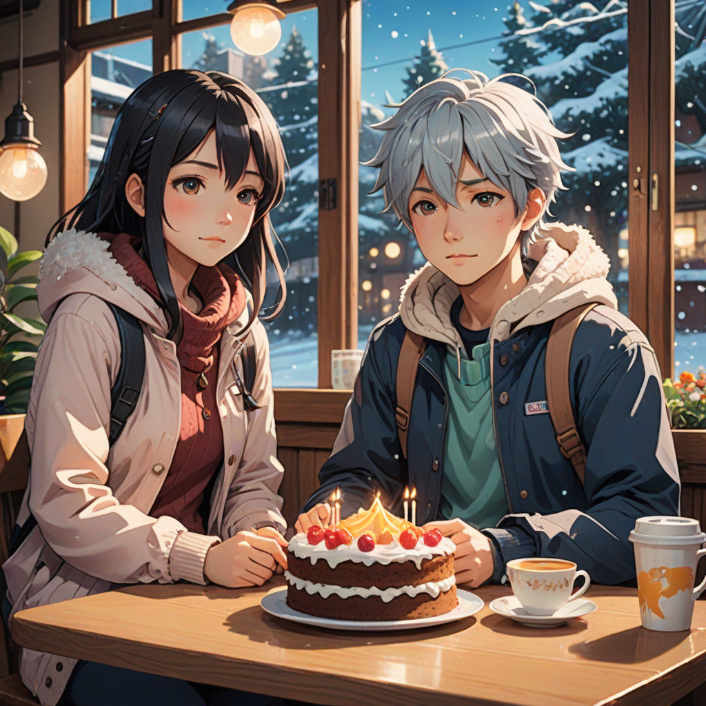 Whimsical Winter Café Moment in Japanese Manga Style