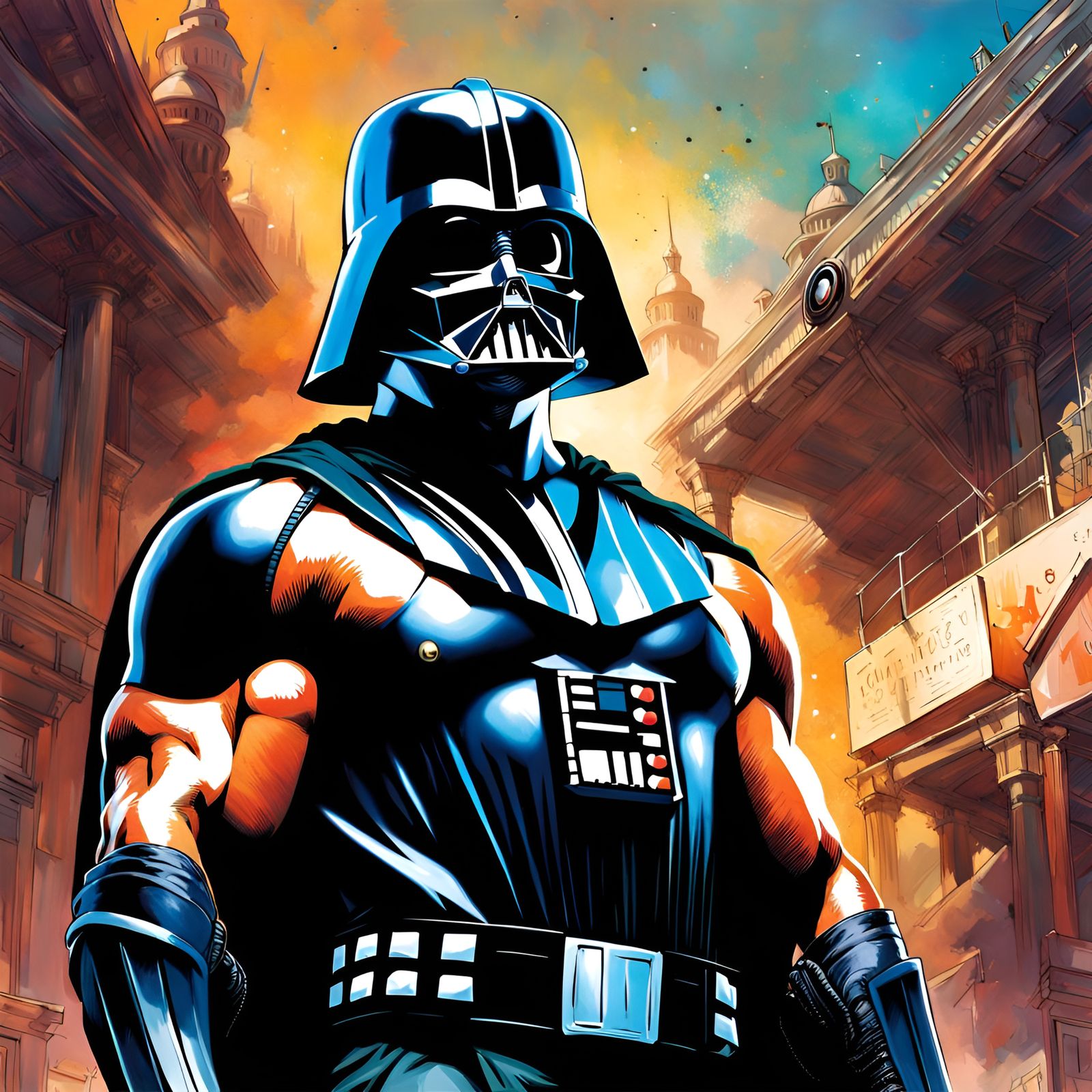 Muscular Man in Vader Helmet: Frazetta-Style Portrait