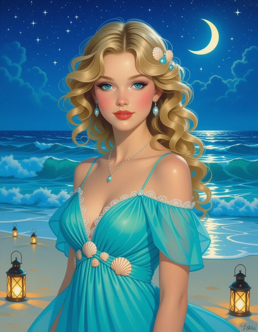 Seashell Adorned Woman on Beach in Airbrush Oil Painting