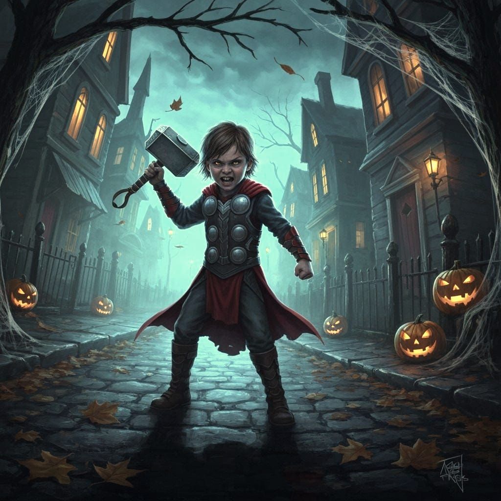 Child Wields Thor's Hammer Demanding Halloween Treats