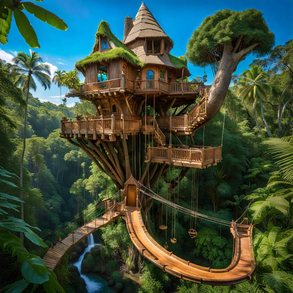 Elaborate Treehouse in Tropical Paradise: Hyperdetailed Phot...