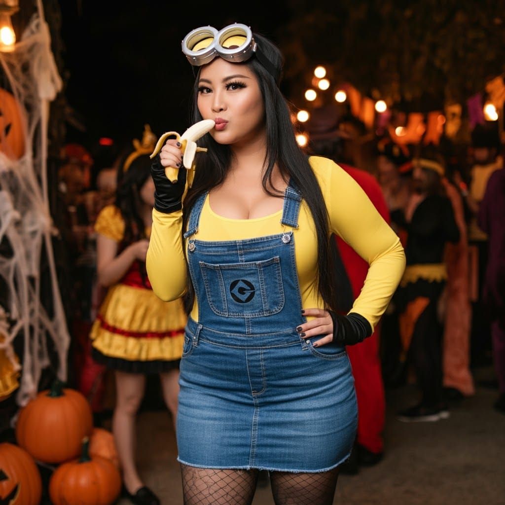Asian Woman in Minion Costume at Halloween Party