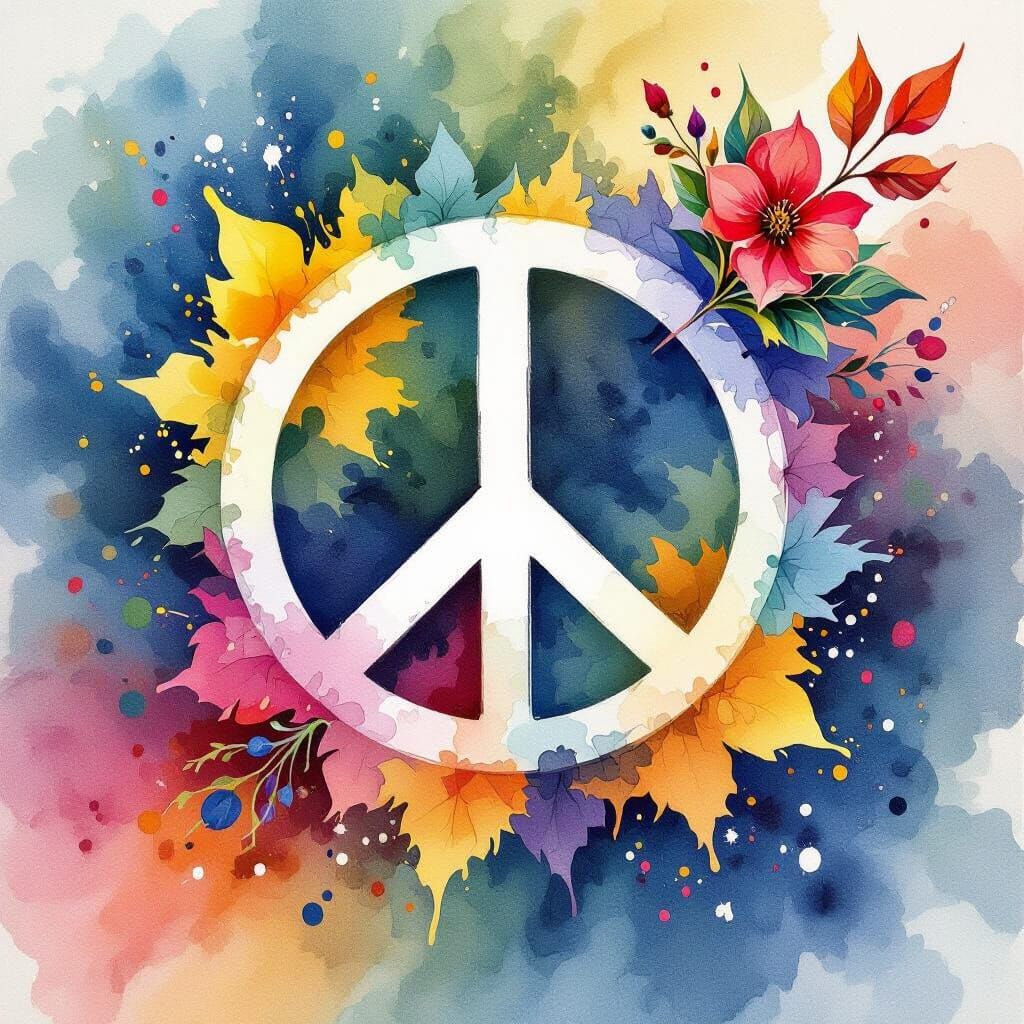 Watercolor Peace Symbol with Vibrant Color Accents