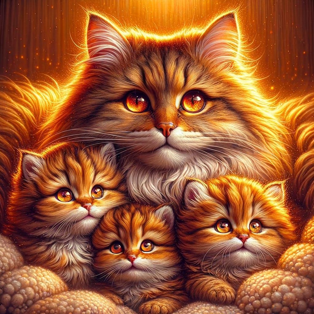 Heartwarming Feline Family in Golden Sunset Glow