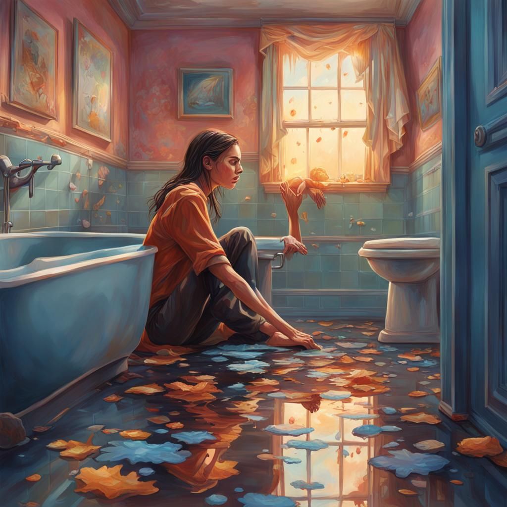 Dramatic Bathroom Scene in Splash Art Style