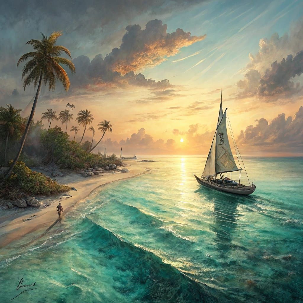 Seascape with Sailboat at Sunset in Impressionist Style