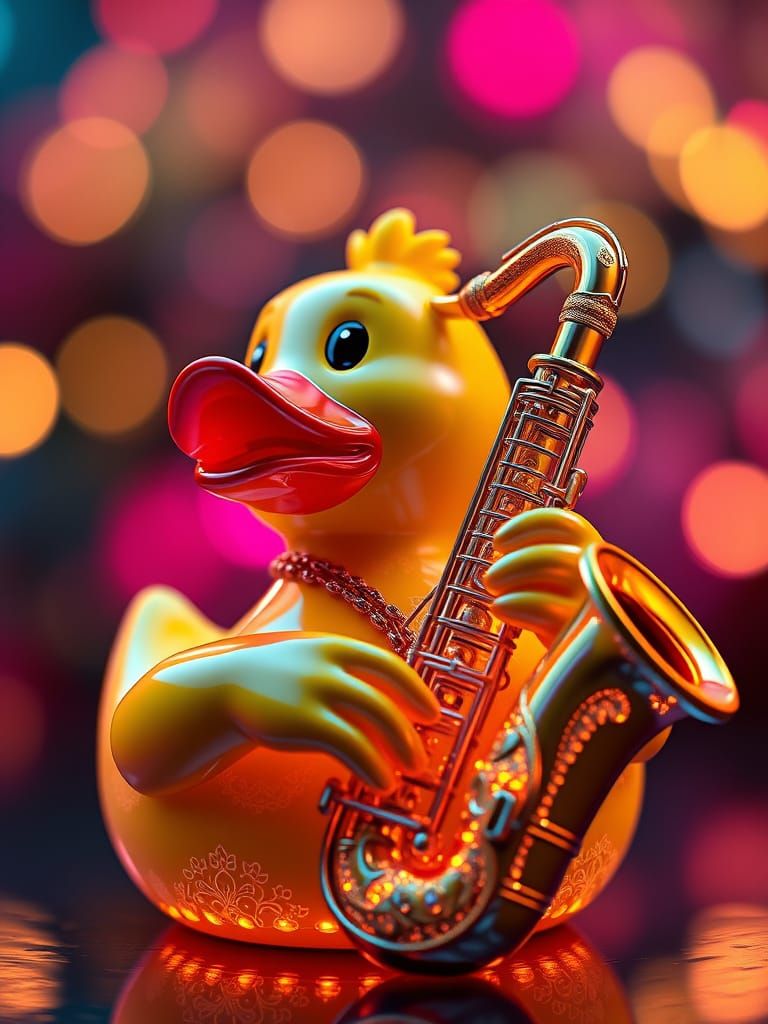 Surreal Rubber Duck Plays Saxophone in Neon-Lit Scene
