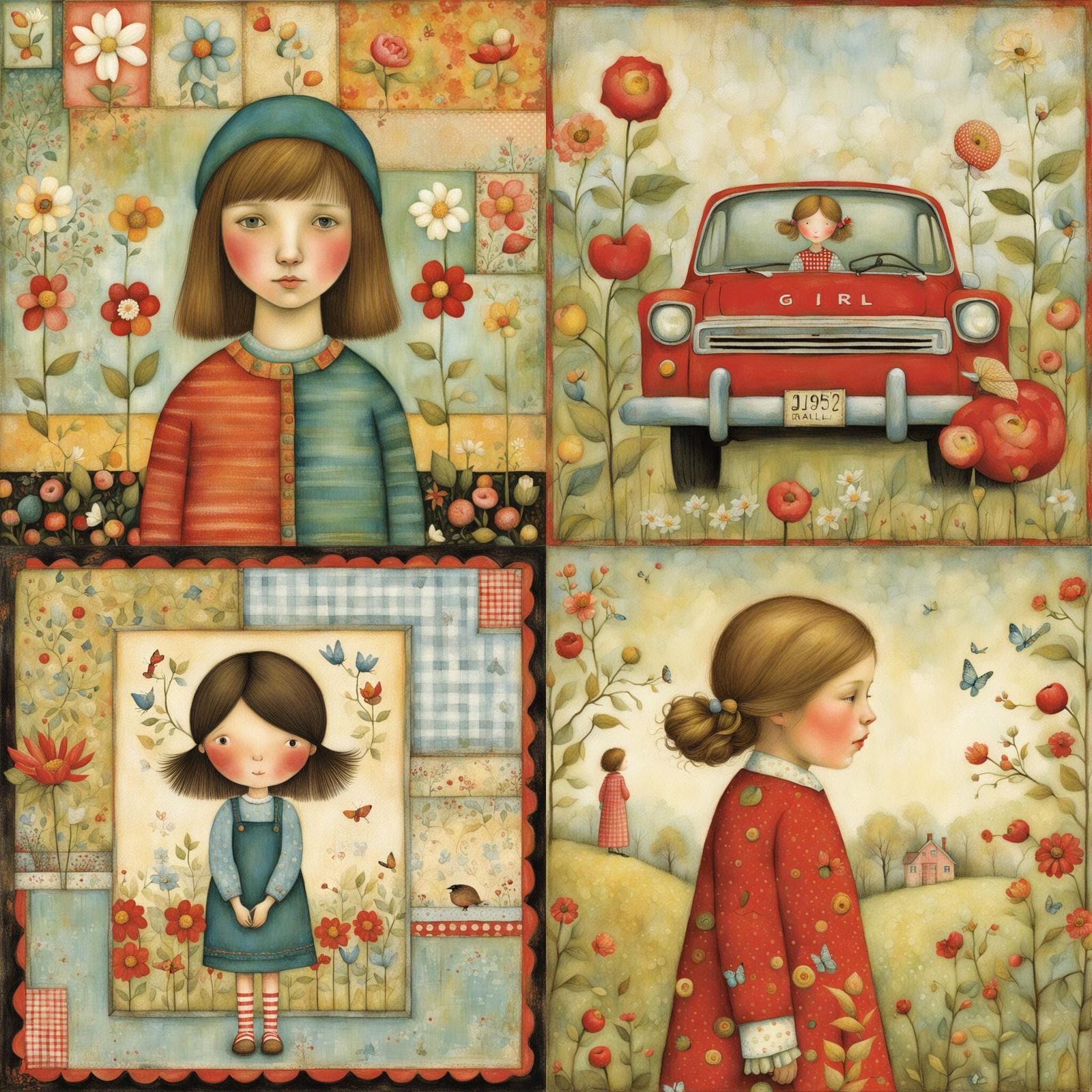 Whimsical Girl Portrait in Naive Art Style