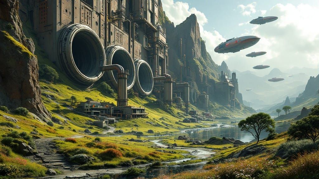 Futuristic Mining Operation on a Lush Distant Planet