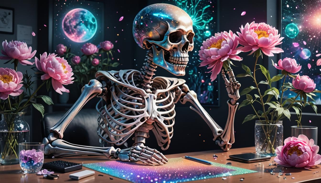 Skeleton at Desk with Flowers, Holographic Illustration