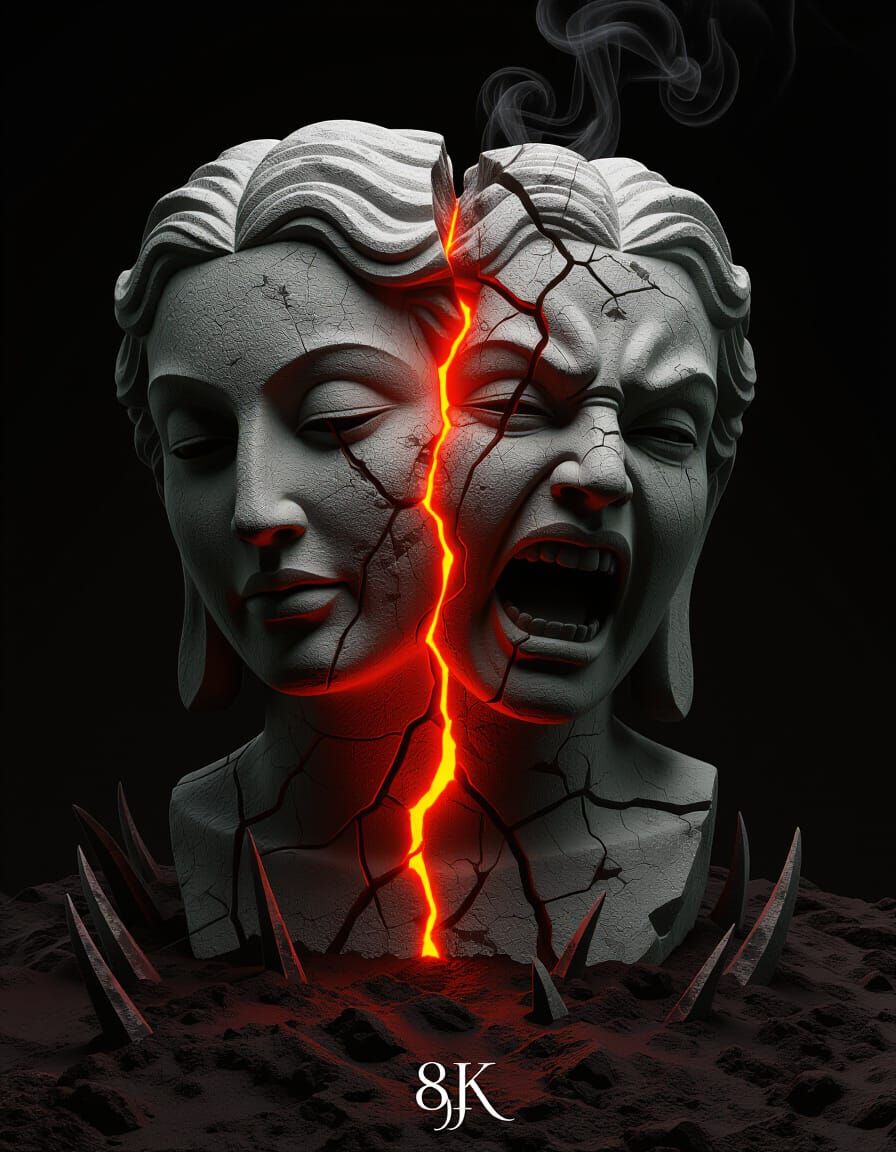 Dual-Faced Stone Statue of Rage and Calm in Fiery Glow