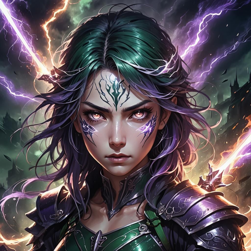 Fantasy Warrior Anime Portrait with Fire and Lightning