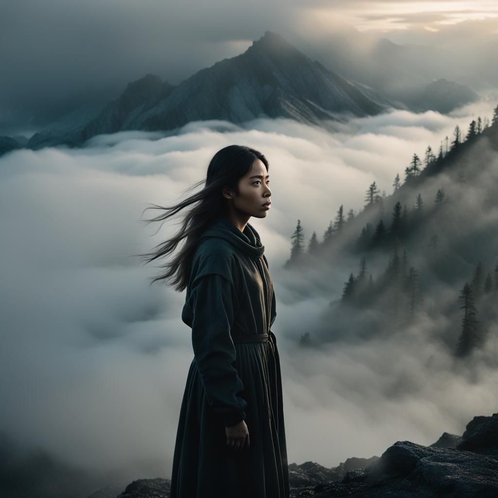 Woman on Misty Mountain Peak at Dawn