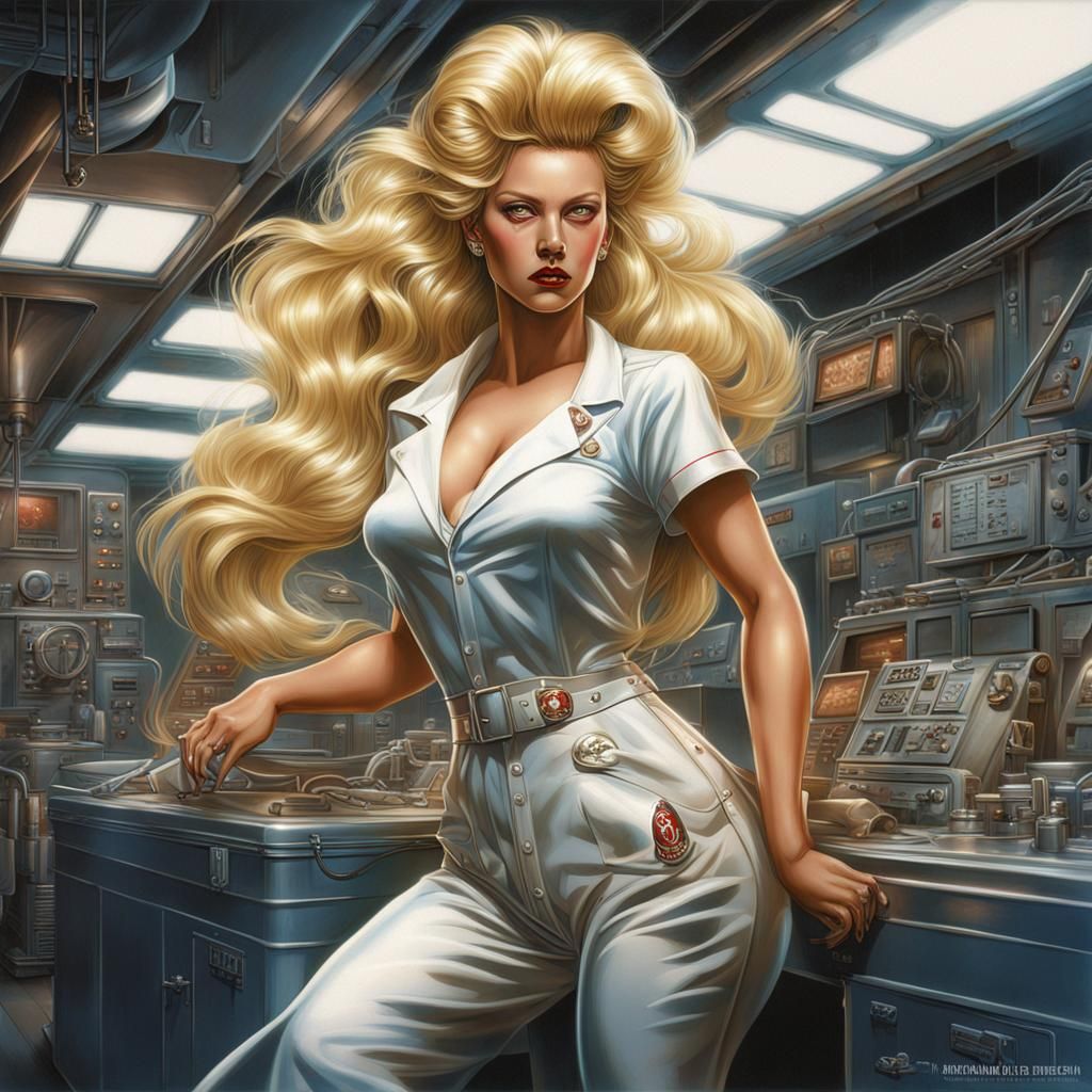 Voluptuous Woman in Naughty Nurse Outfit, Sorayama Style