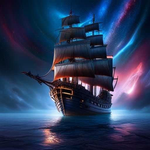 Pirate Ship Battles Spaceship in Starry Space