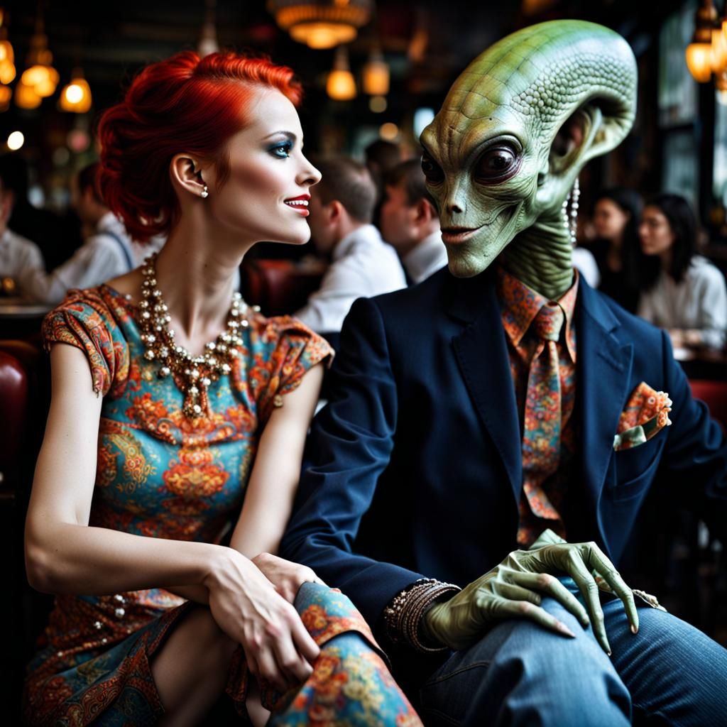 Surreal Restaurant Scene with Exotic Aliens, Hyperrealistic ...