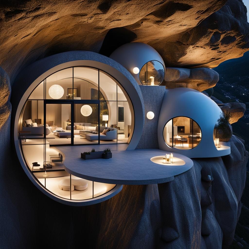 Futuristic Cliffside House with Floating Orbs