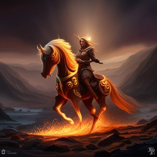 Fiery Golden Horse: Dark Fantasy Concept Art