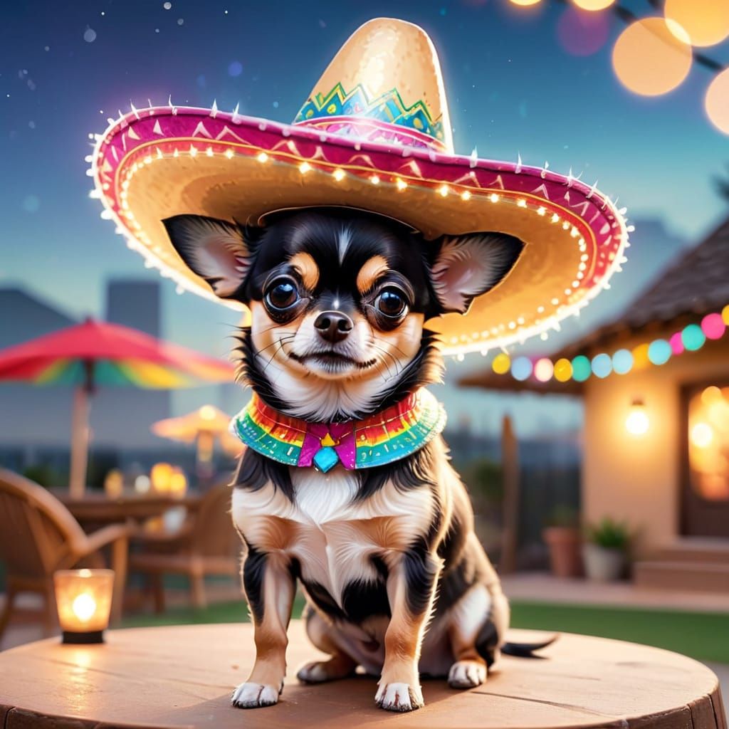 Adorable Chihuahua in Sombrero with Sparkling Lights