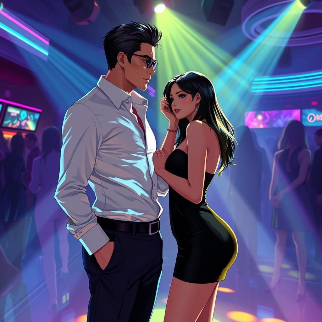 Confident Couple Shines in Neon-Lit Nightclub Scene