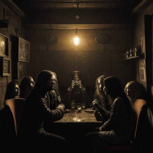 Friends Gather in a Haunted Night Cafe Under a Bloody Sunset