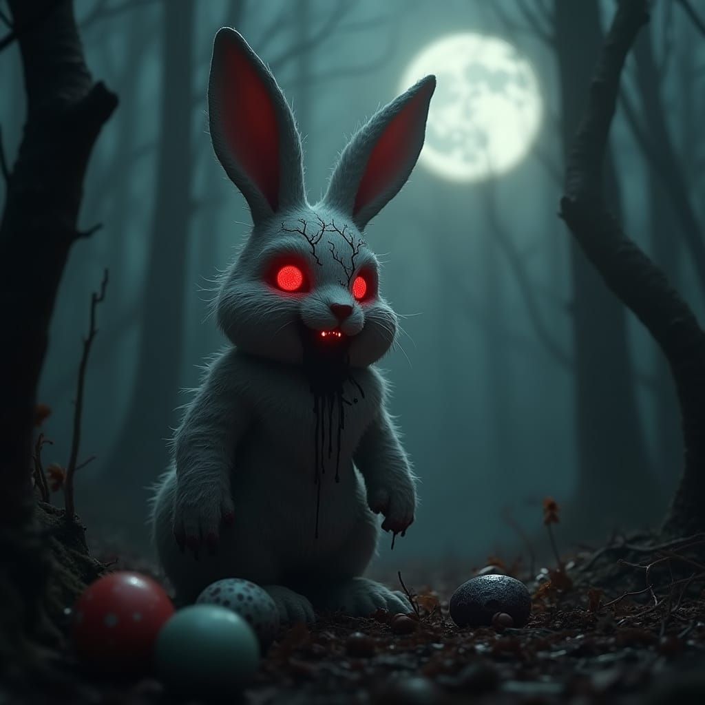 Dark Easter Bunny in Foggy Forest