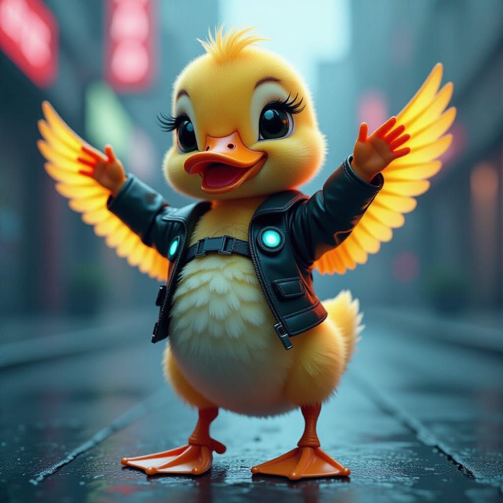 Cyberpunk Dancing Duckling in Neon Cityscape