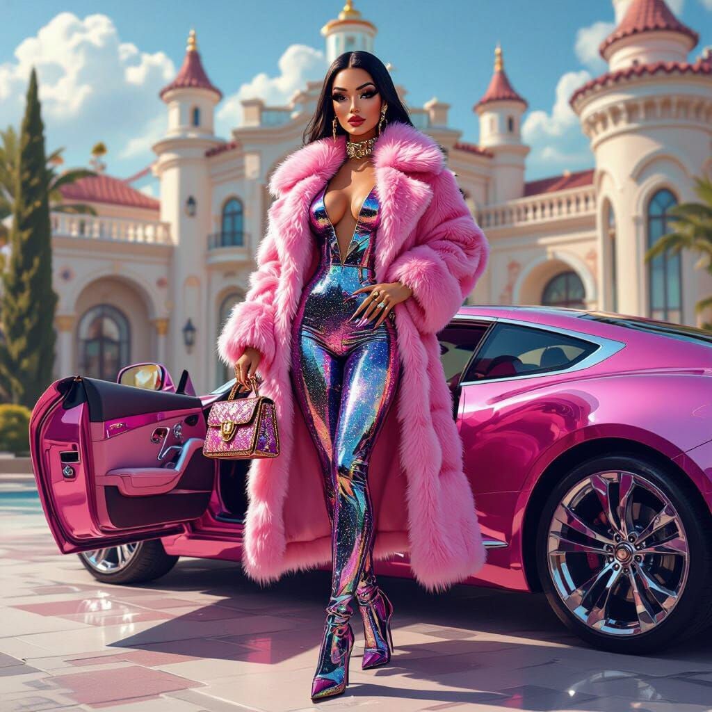 Elegant Cobra Lady in Pink Fur Coat, Futuristic Aesthetic