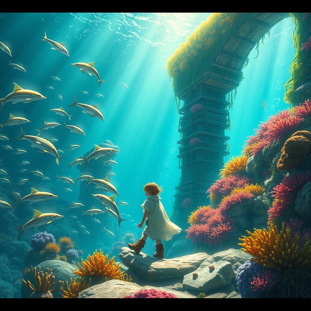 Whimsical Atlantis Discovery Amidst Sunlit Sea Creatures