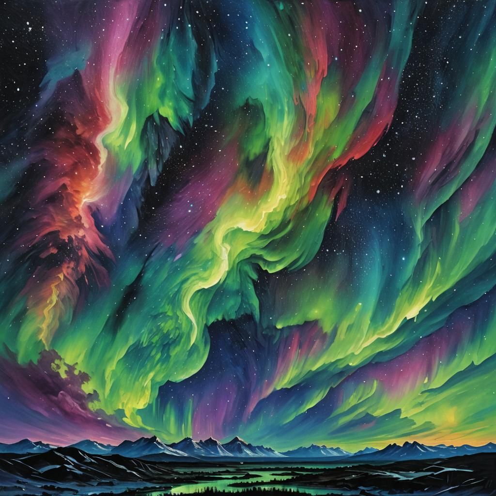 Northern Lights Impasto Painting: Cosmic Masterpiece