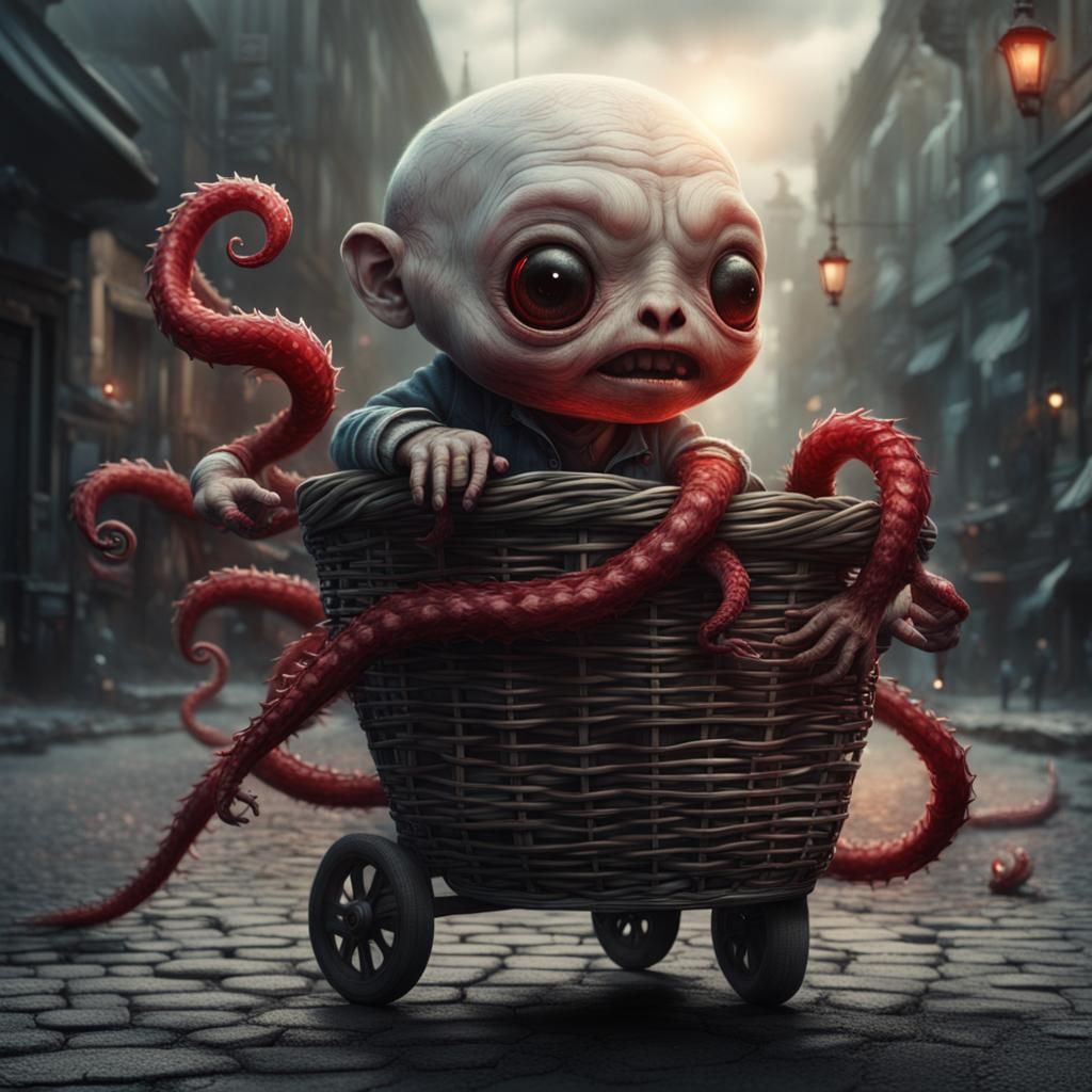 Realistic Pale Baby with Tentacles in Basket