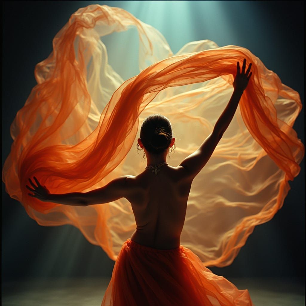 Dancer Manipulates Vibrant Fan Veils in Cinematic Still