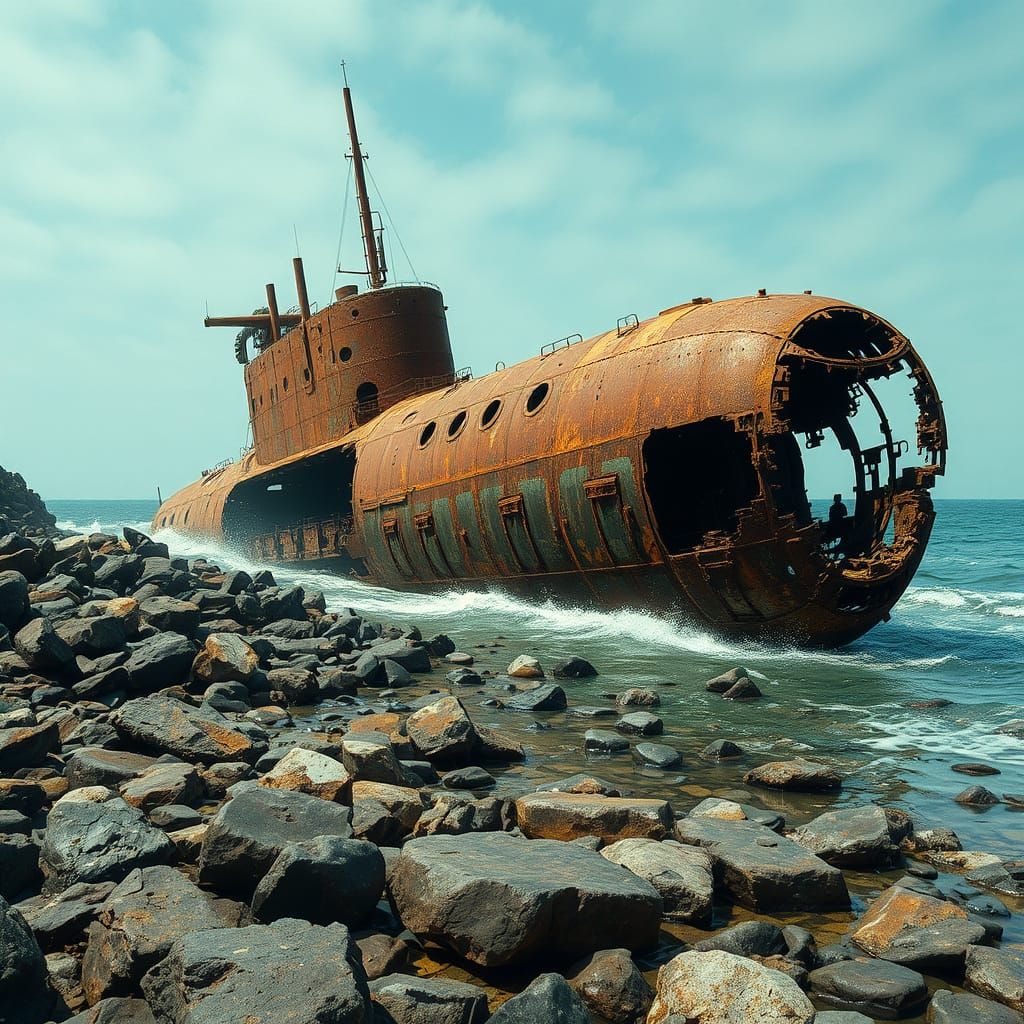 Abandoned Submarine Carcass on Rocky Shore
