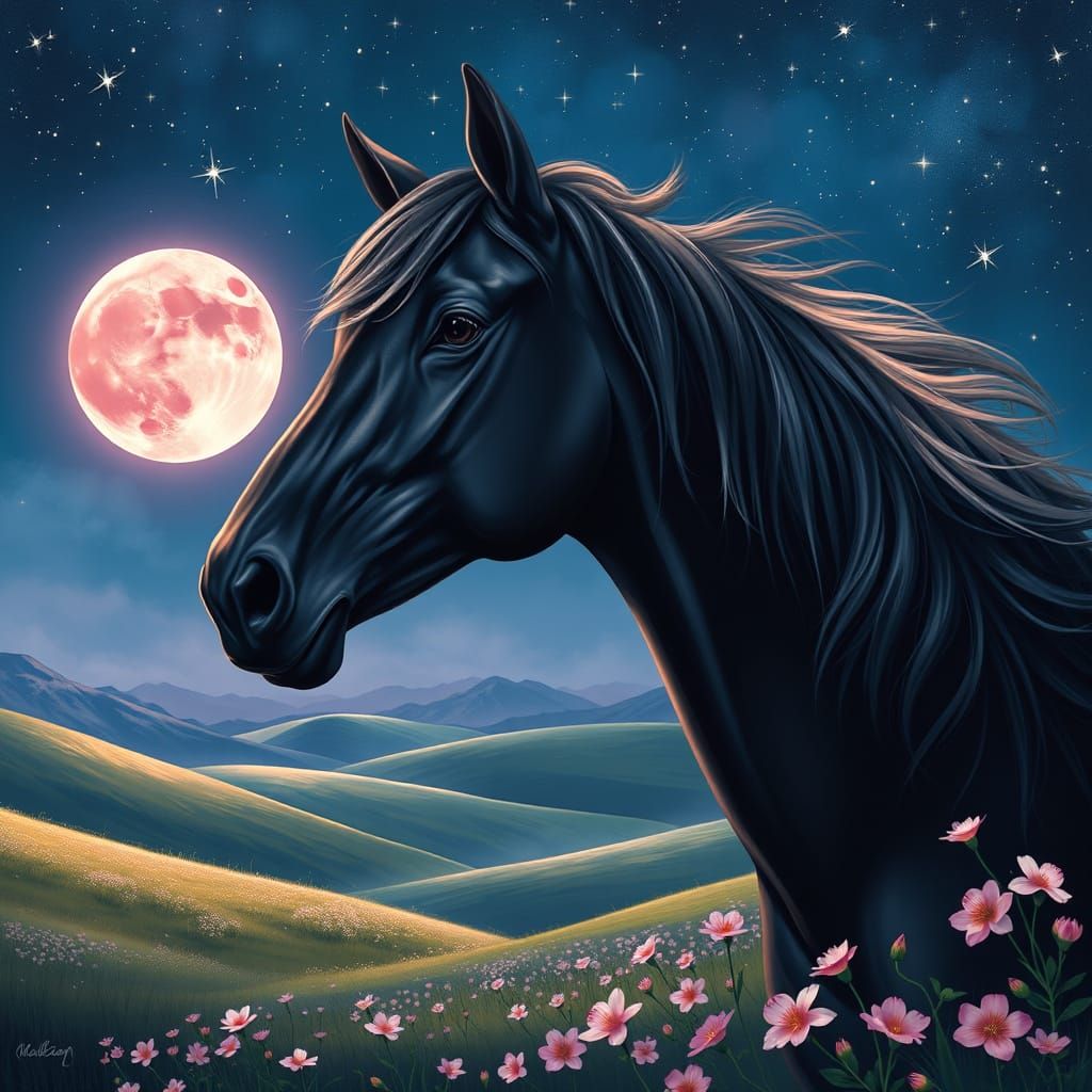 Majestic Horse Contemplates Resplendent Pink Moon