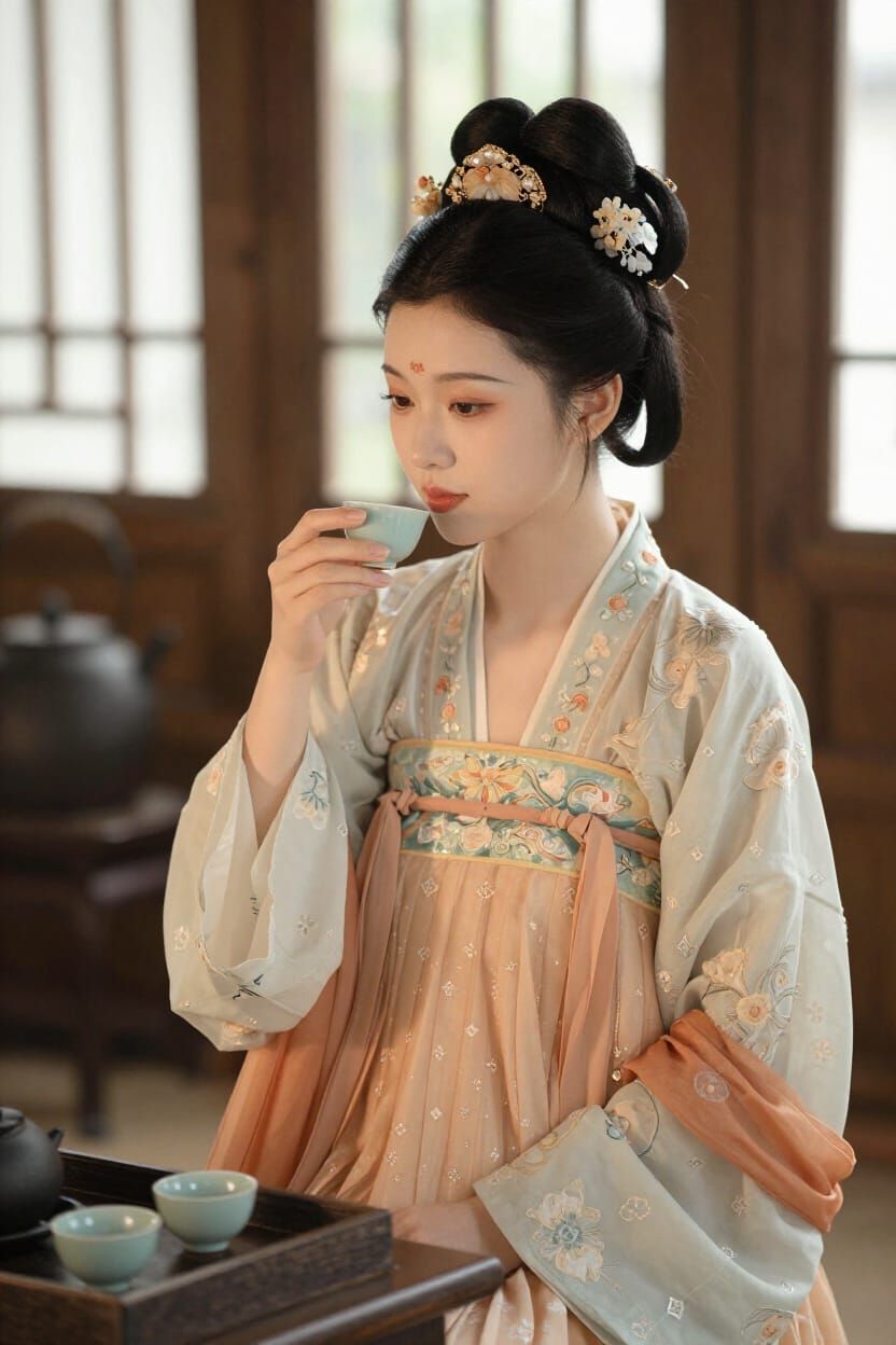 Elegant Asian Woman in Hanfu Sips Tea