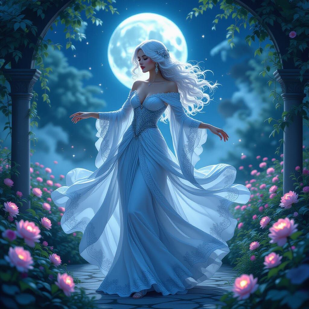 Ethereal Lady Dancing in Moonlit Garden