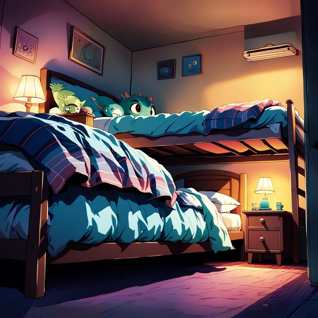 Anime Monsters Under Bed in Vibrant Pastel Hues