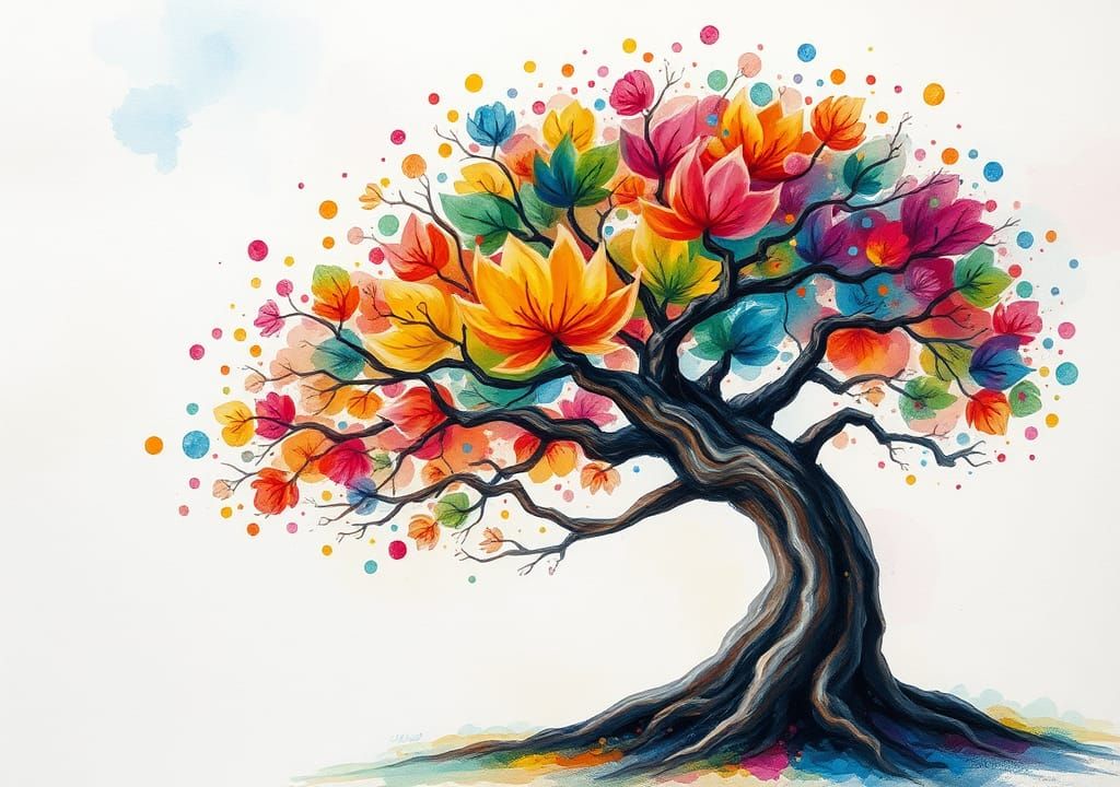 Rainbow Tree Landscape in Watercolor Style