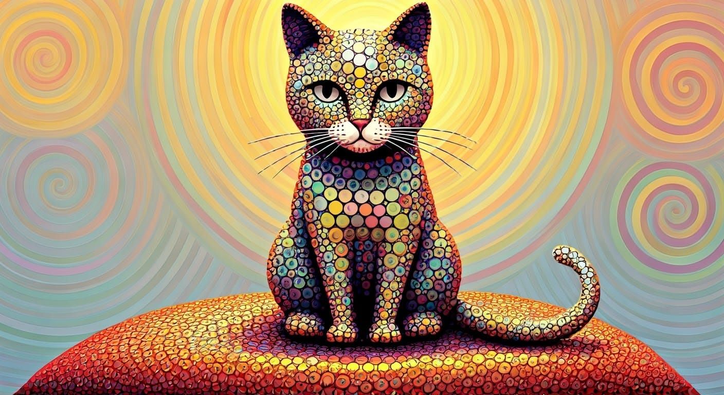 Polka Dot Cat on Cushion in Whimsical Style