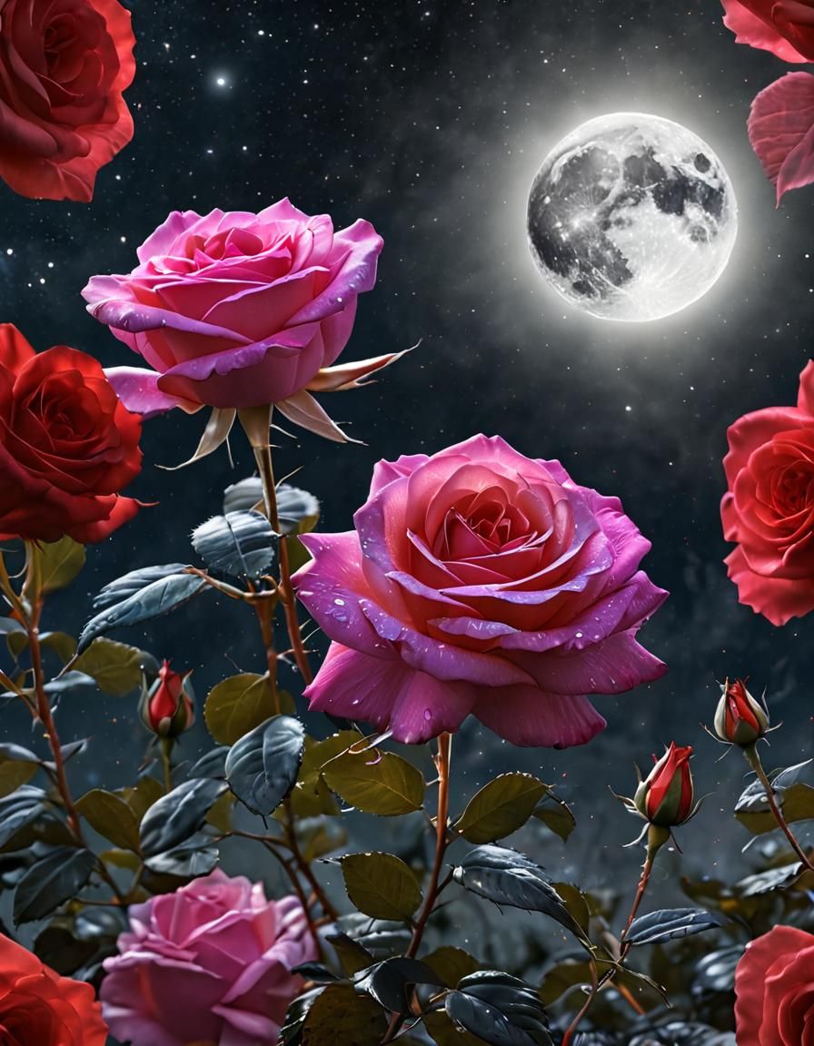 Cosmic Moonlight Illuminates a Vivid Rose