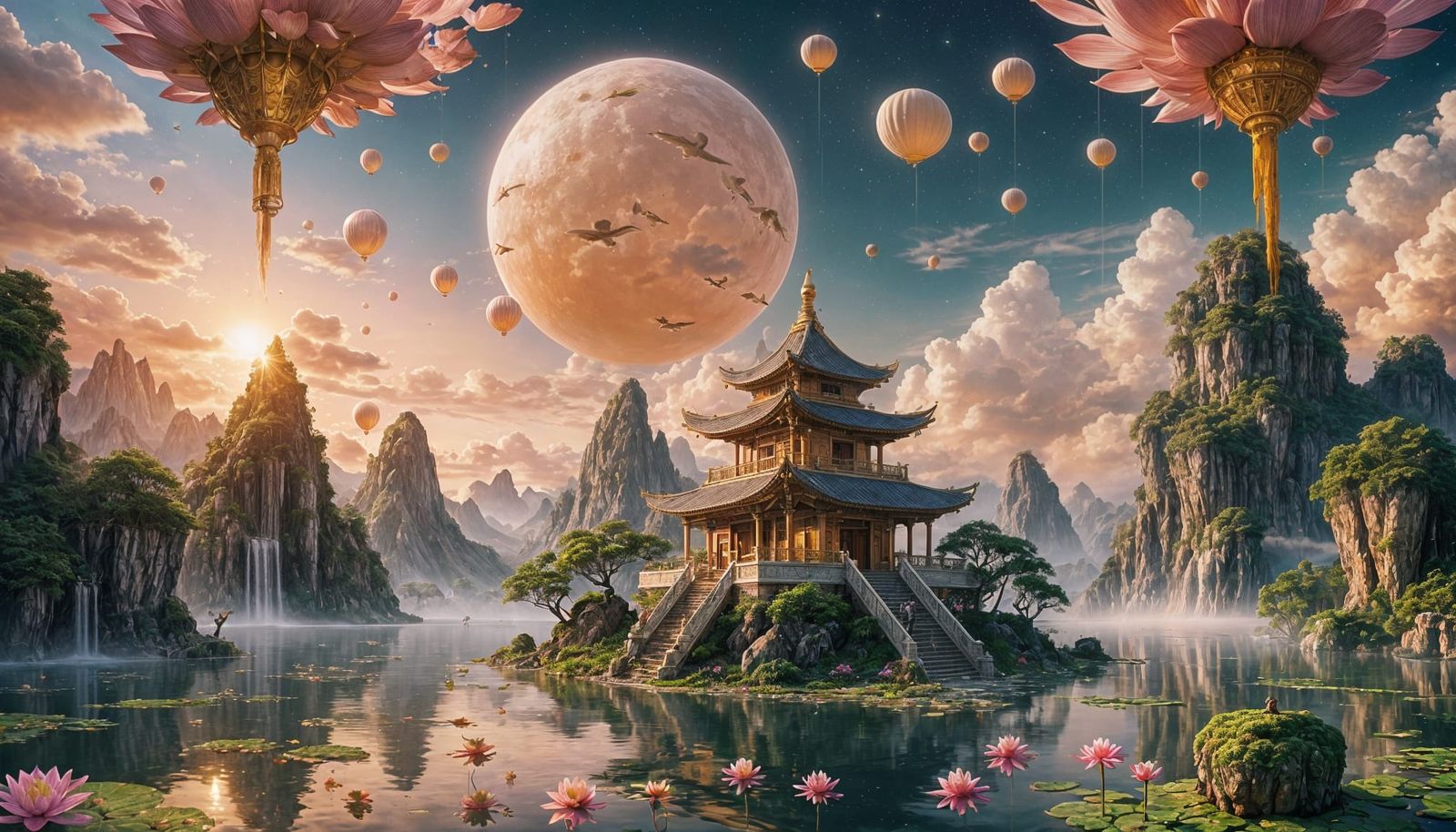 Floating Temple in Ethereal Sunrise Skies