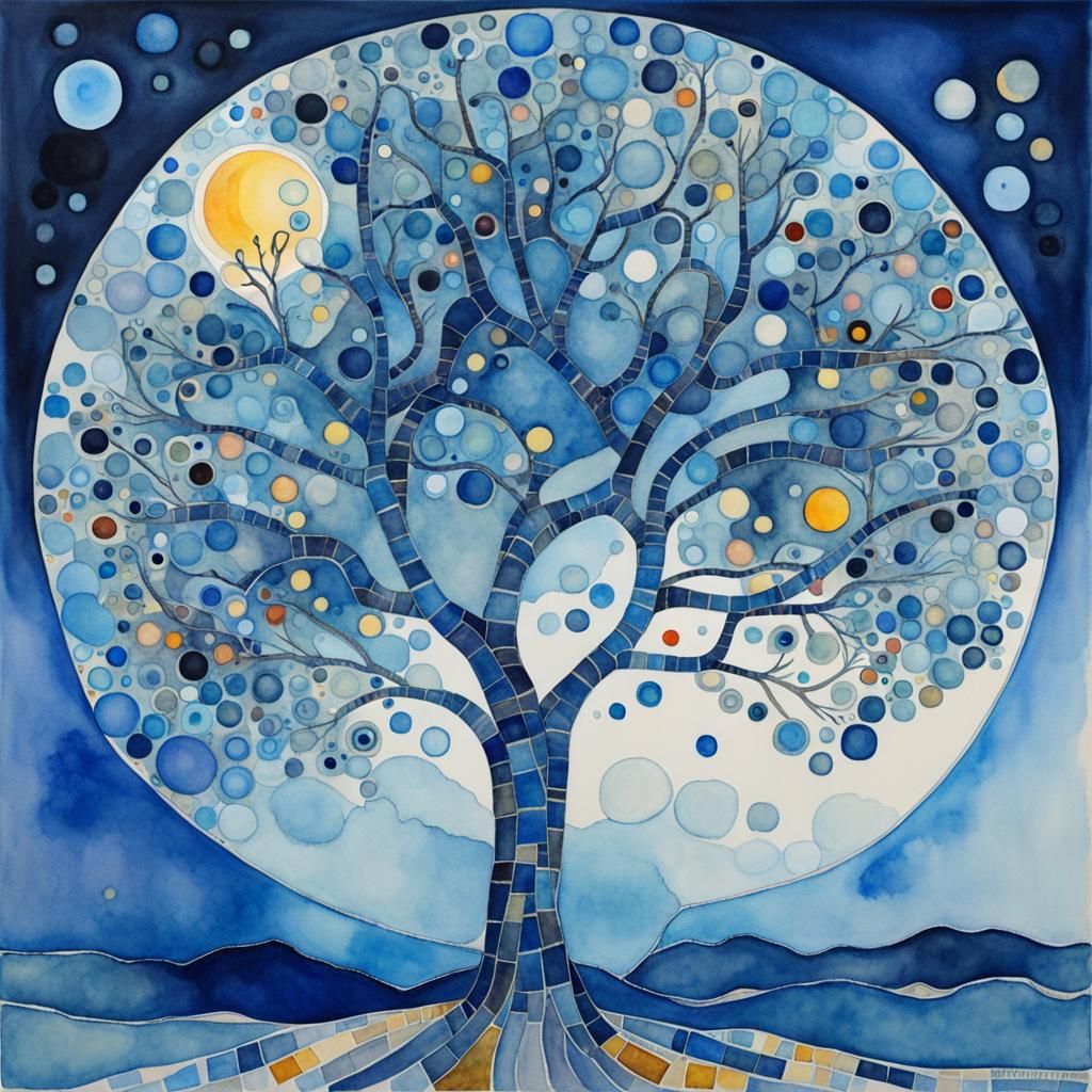 Bioluminescent Blue Tree as Watercolor Mosaic