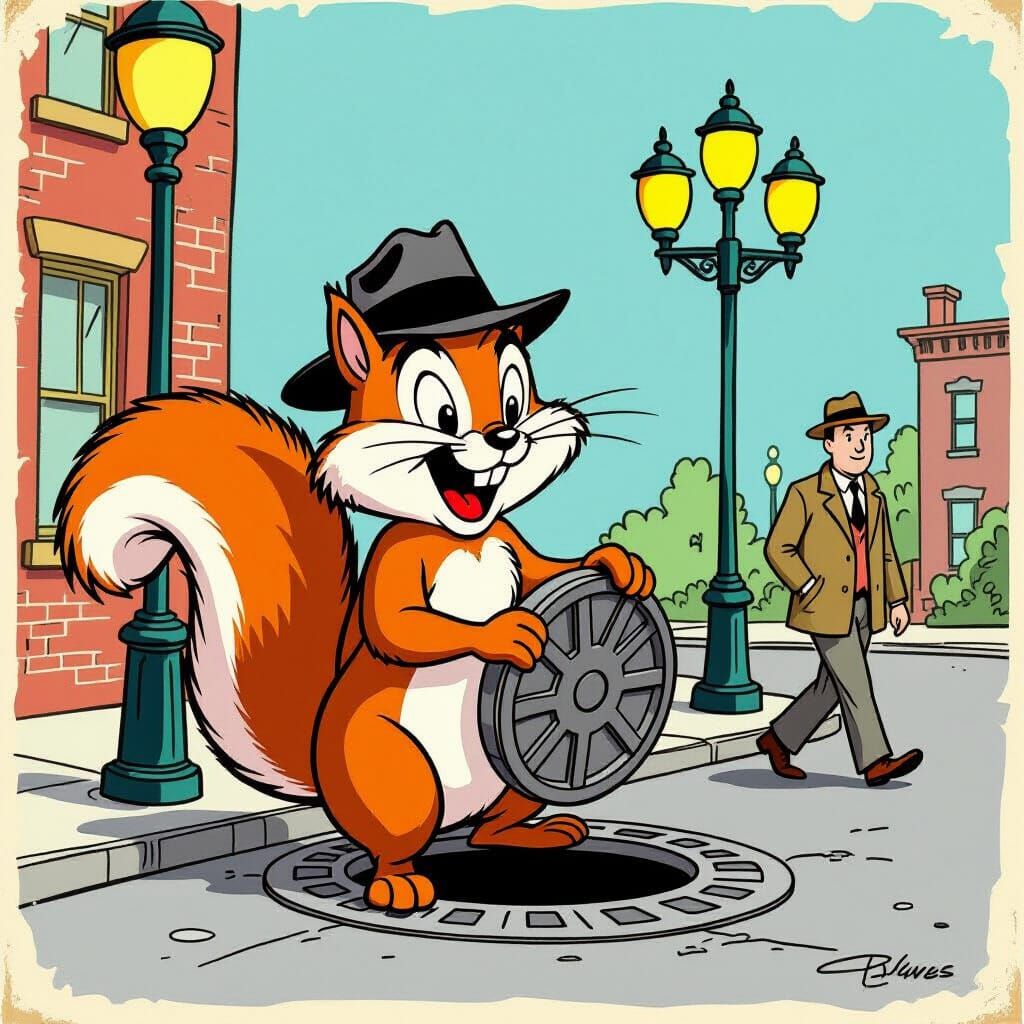 Mischievous Squirrel's Manhole Prank in Cartoon Style