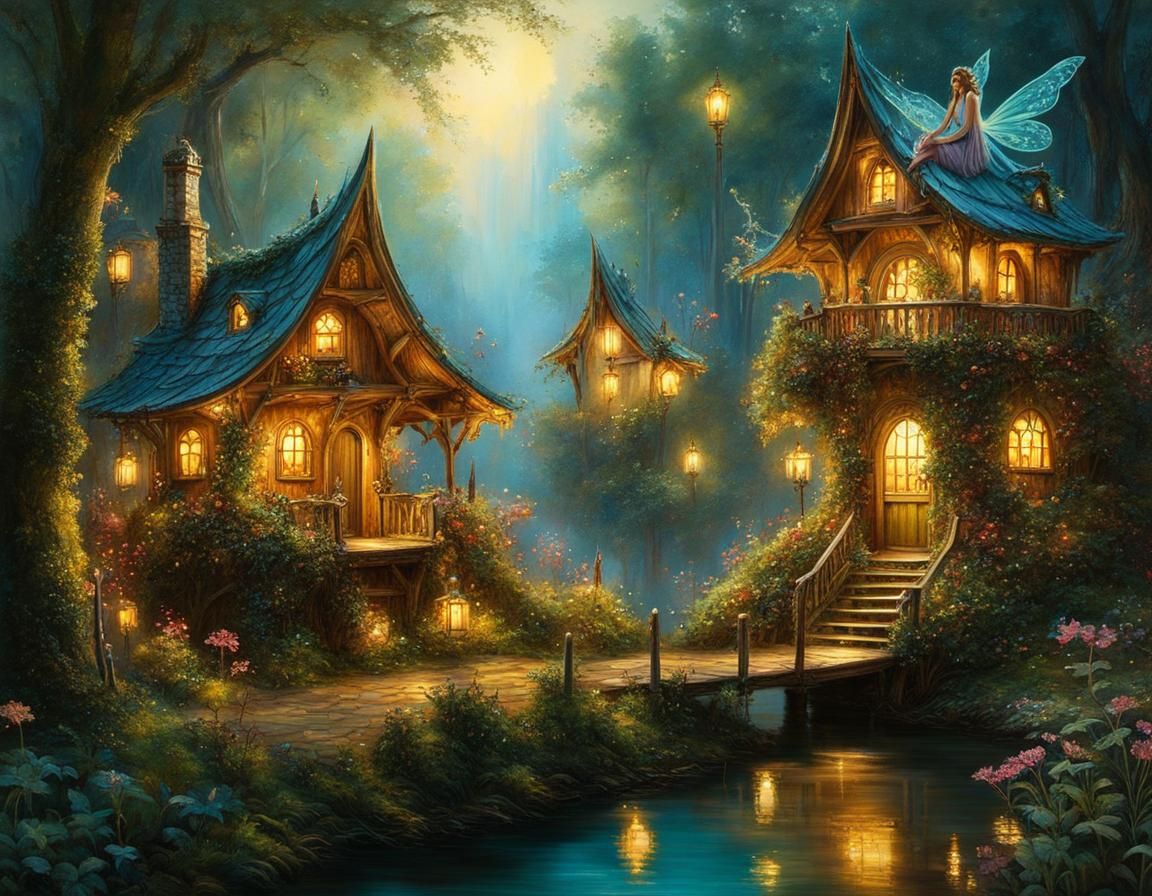 Enchanting Fairy Village at Twilight in Oil Painting Style
